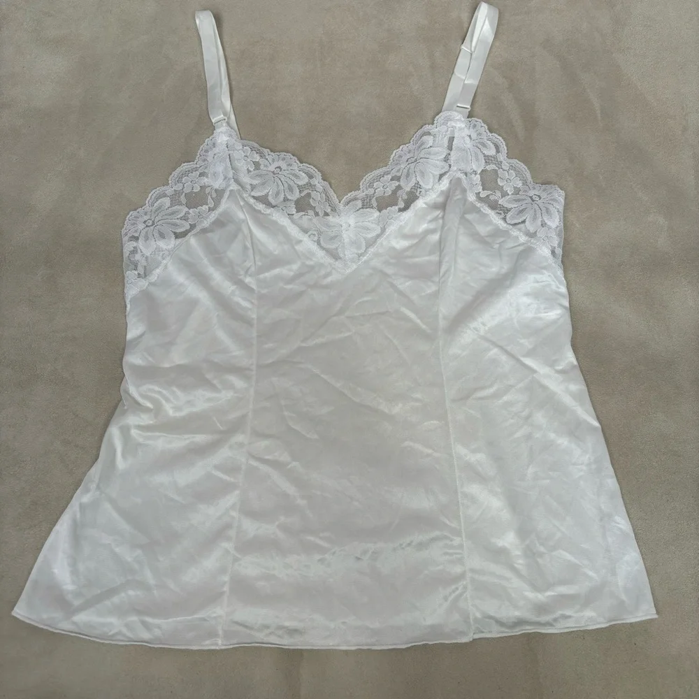 Vintage Lorraine‎ Chemise Lingerie Top Size 38 White Lace Trim Adjustable Straps